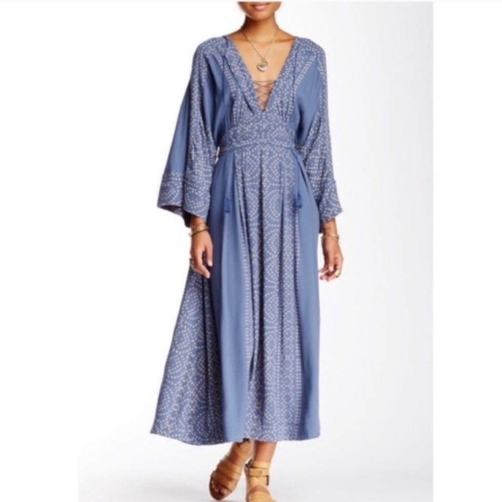 COPY - Free People Dress 6 Small Boho Maxi Dress Modern Kimono Sleeve Blue Prin…